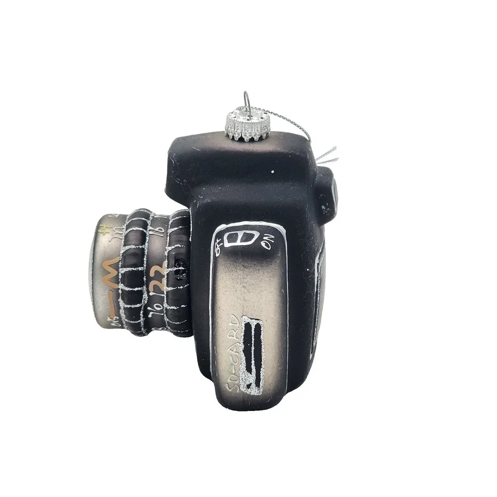 Vintage‎ Christmas Blown Glass Camera Ornament Black with Silver Accents Hanging